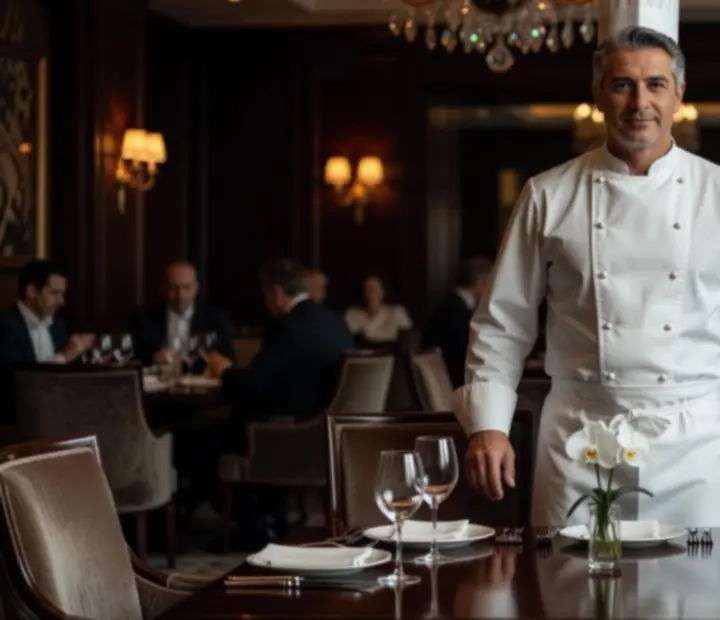 Portrét šéfkuchaře v elegantní fine dining kuchyni.