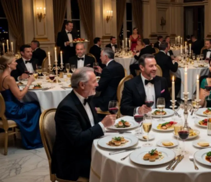 Gala gastronomický event s dlouhým slavnostním stolem a precizně servírovanými chody