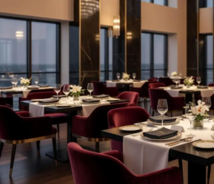 Elegantní večerní interiér restaurace Ace Czech s ambientním osvětlením a luxusním stolováním