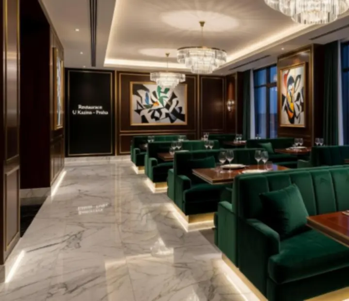 Panoramatický pohled na elegantní interiér restaurace Ace Czech